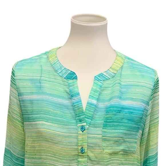 Christopher & Banks Womens Small Sheer Long Sleeve Half Button Striped Blouse - Picture 2 of 6